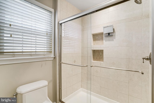 bathroom with toilet and a shower stall