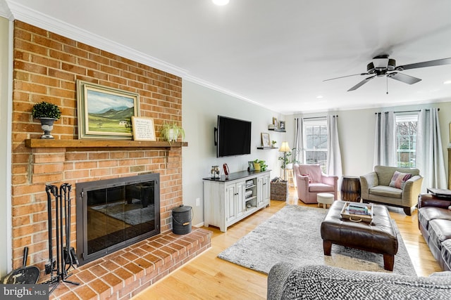 living area with ceiling fan, light wood-style floors, a fireplace, and crown molding