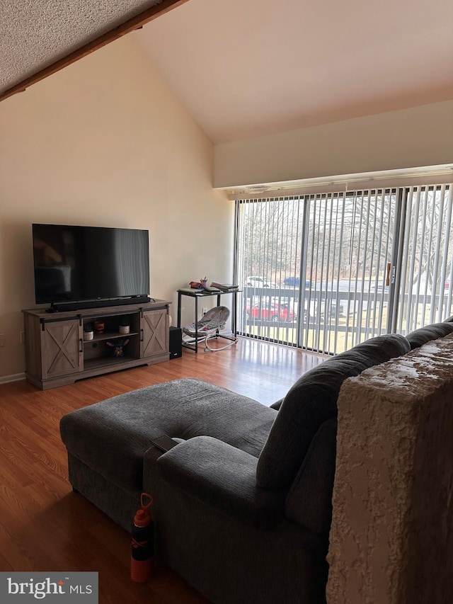 living room featuring high vaulted ceiling and wood finished floors