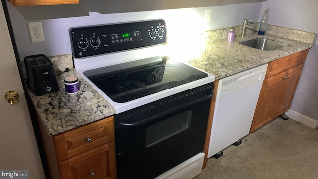 kitchen featuring light stone countertops, electric stove, white dishwasher, brown cabinetry, and a sink