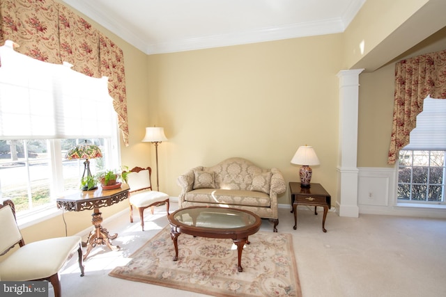 carpeted living room with crown molding, decorative columns, and a wainscoted wall