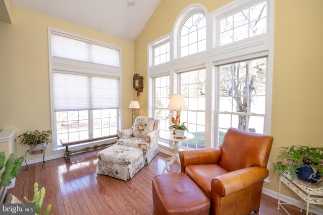 sitting room with high vaulted ceiling, baseboards, and wood-type flooring