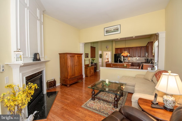 living room featuring light wood finished floors and a premium fireplace