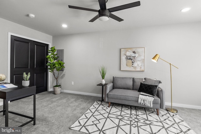 home office with recessed lighting, a ceiling fan, baseboards, and carpet floors