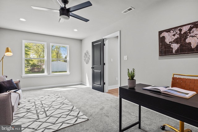 carpeted office with recessed lighting, visible vents, and baseboards