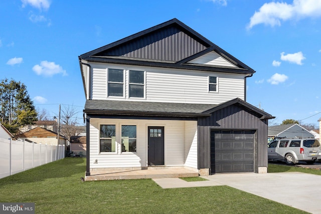 view of front of property featuring board and batten siding, fence, concrete driveway, a front yard, and an attached garage