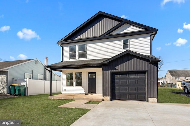 view of front facade featuring fence, driveway, an attached garage, a front lawn, and board and batten siding