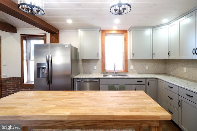 kitchen with backsplash, wooden counters, stainless steel appliances, and a sink