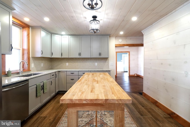 kitchen with dark wood finished floors, a sink, wood ceiling, dishwasher, and tasteful backsplash