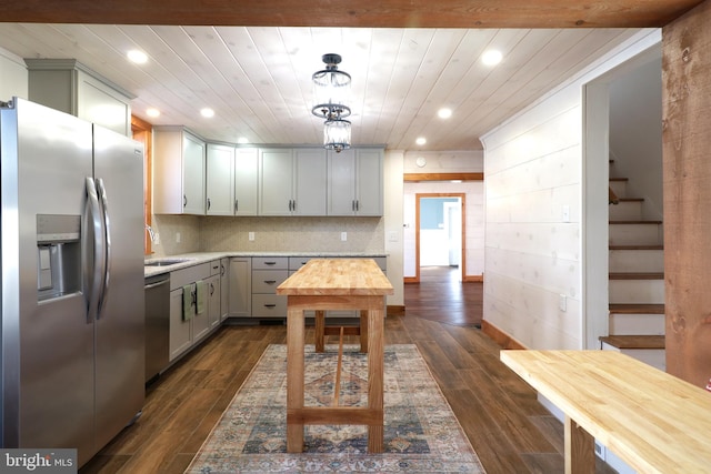 kitchen with dark wood-type flooring, gray cabinets, tasteful backsplash, appliances with stainless steel finishes, and wooden ceiling