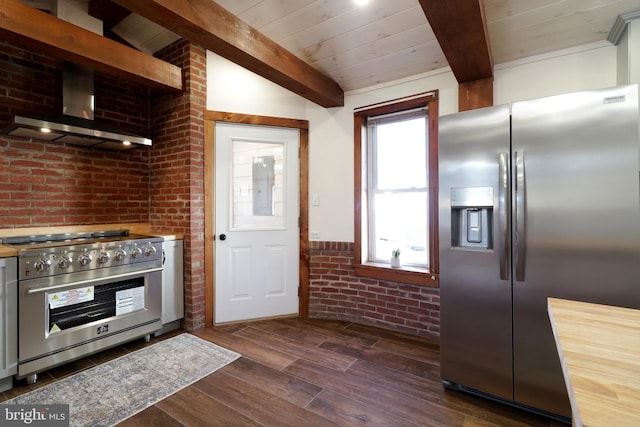 kitchen featuring brick wall, dark wood finished floors, wood ceiling, beam ceiling, and stainless steel appliances