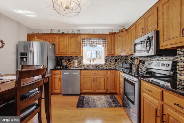 kitchen featuring brown cabinets, light wood-style flooring, a sink, backsplash, and appliances with stainless steel finishes