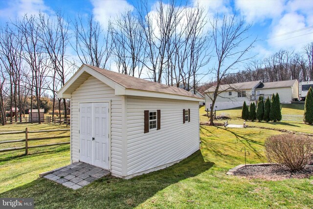 view of shed with fence