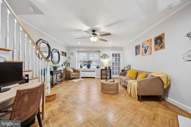 living room featuring baseboards, stairs, ornamental molding, recessed lighting, and a ceiling fan