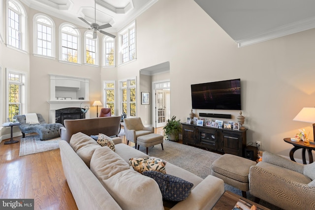 living room with a wealth of natural light, wood finished floors, ornamental molding, and a fireplace