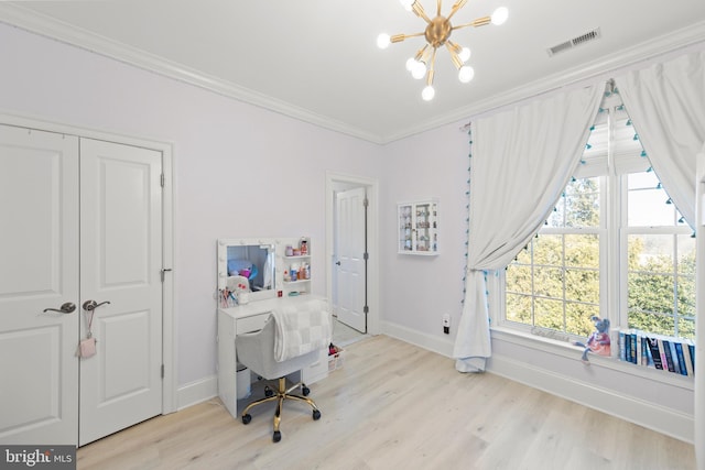 office area featuring visible vents, ornamental molding, wood finished floors, baseboards, and a chandelier