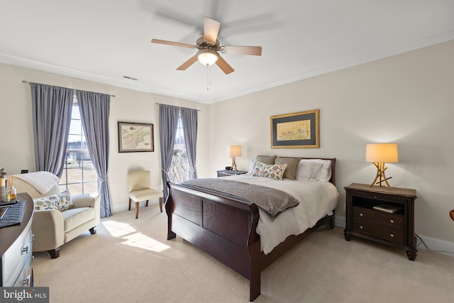 bedroom with baseboards, light colored carpet, visible vents, and ornamental molding