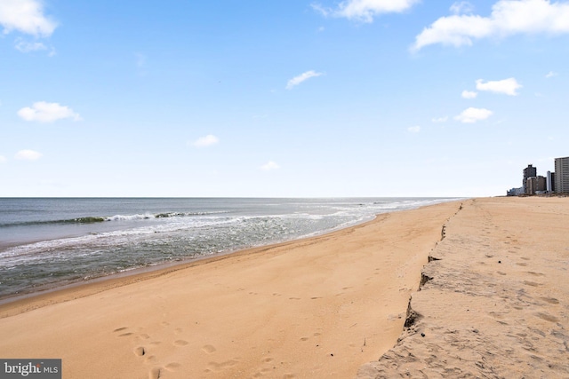 view of water feature with a beach view