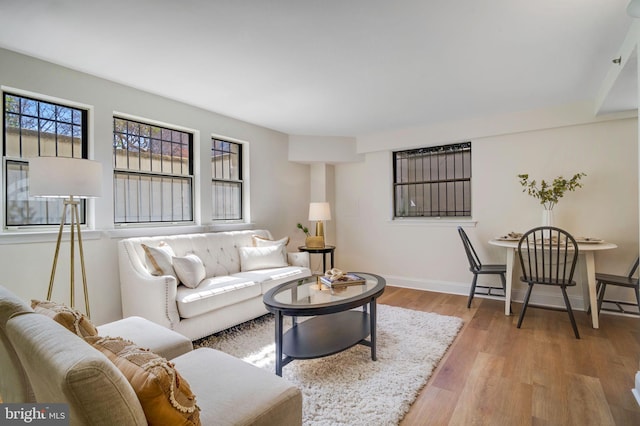 living area with baseboards and wood finished floors