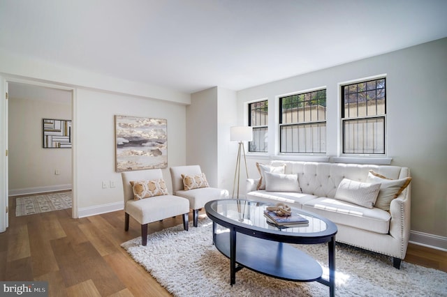 living area with baseboards and wood finished floors