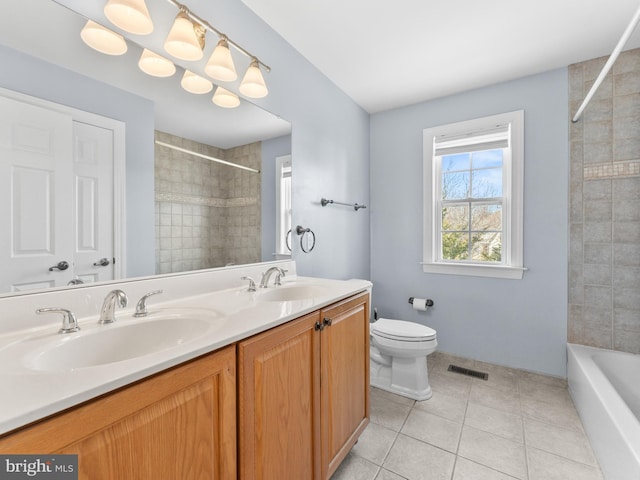 bathroom with tile patterned flooring, visible vents, toilet, and a sink