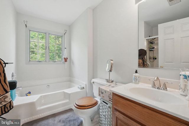 bathroom featuring vanity, a shower stall, toilet, and a bath