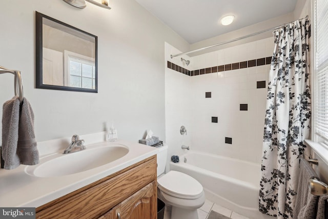 full bath with vanity, radiator heating unit, tile patterned floors, toilet, and shower / tub combo with curtain