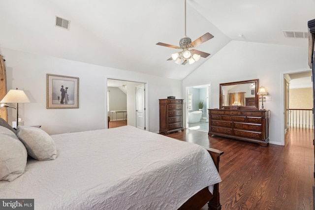 bedroom with visible vents, dark wood-type flooring, ceiling fan, and ensuite bathroom