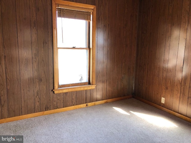 carpeted empty room featuring a healthy amount of sunlight, baseboards, and wood walls