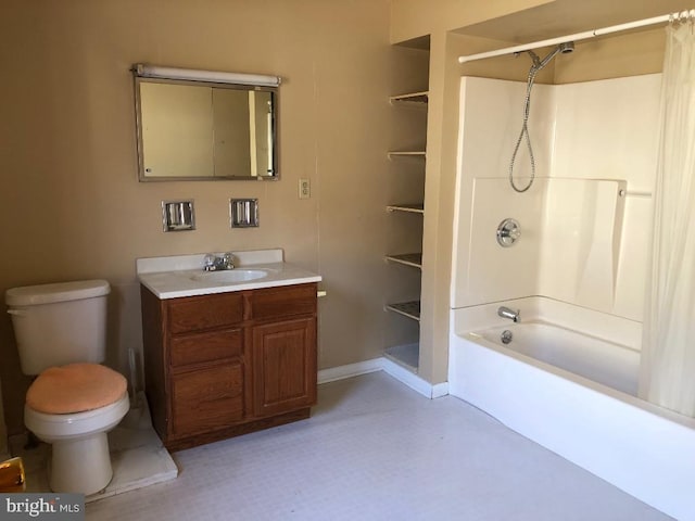 full bath with baseboards, toilet, vanity, and shower / bath combination with curtain