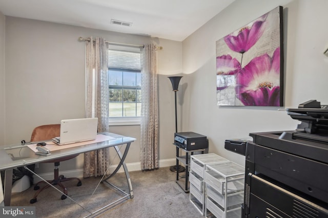 home office featuring visible vents, baseboards, and carpet floors