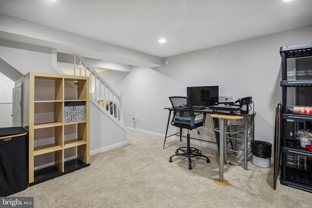 carpeted office space with recessed lighting and baseboards