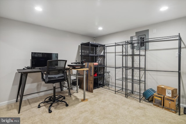 office space with carpet flooring, recessed lighting, and baseboards