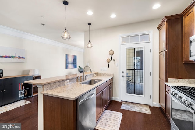 kitchen featuring a peninsula, stainless steel appliances, dark wood-type flooring, and a sink