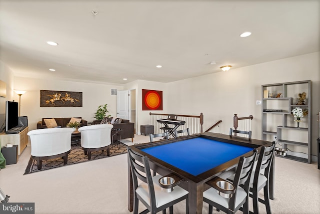 game room featuring visible vents, recessed lighting, and light colored carpet