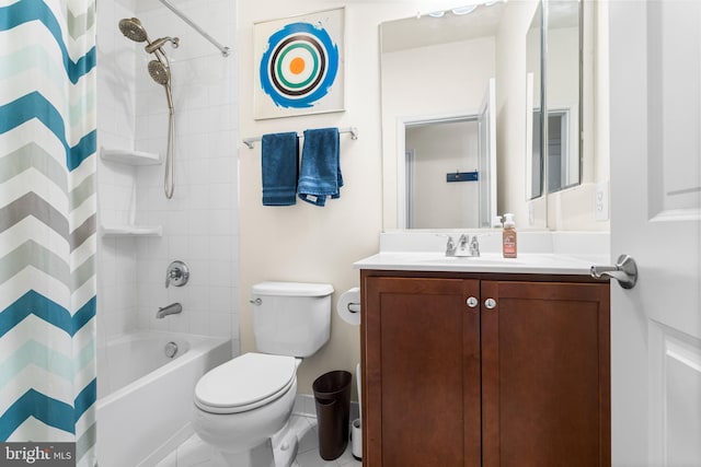 bathroom with vanity, toilet, and shower / bathtub combination with curtain