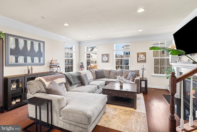 living area with hardwood / wood-style floors, a premium fireplace, and ornamental molding