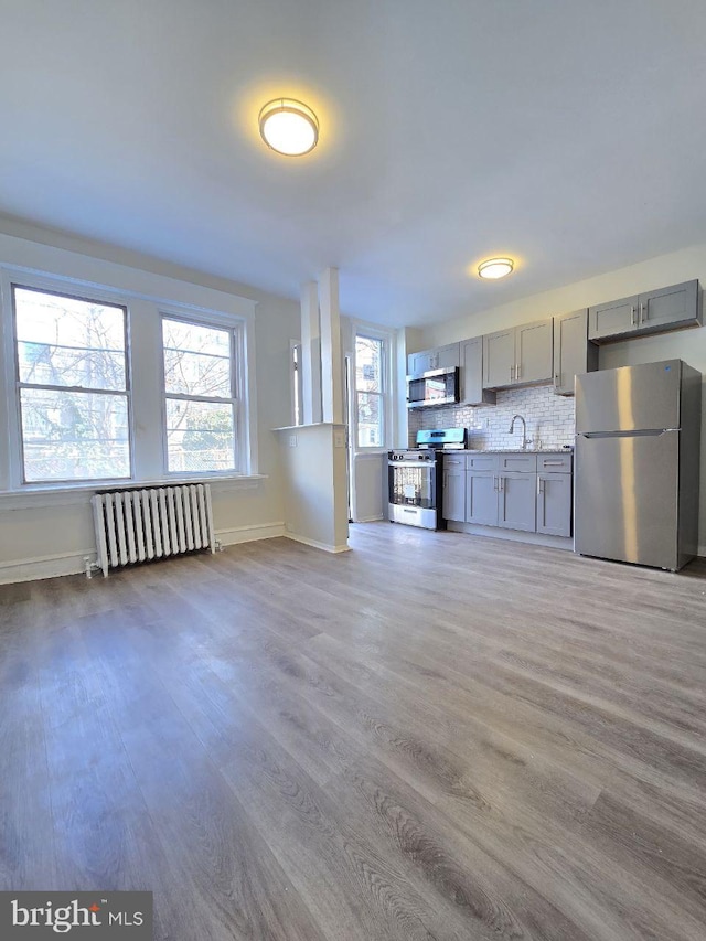 kitchen featuring gray cabinetry, a sink, wood finished floors, radiator heating unit, and appliances with stainless steel finishes