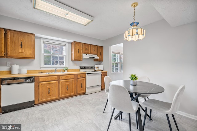 kitchen with white appliances, a sink, light countertops, under cabinet range hood, and brown cabinets