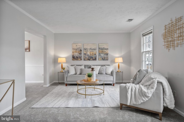 carpeted living area with visible vents, a textured ceiling, and ornamental molding