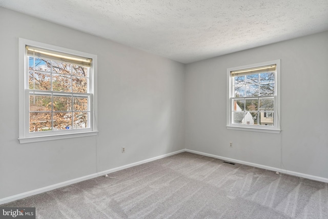 carpeted spare room featuring baseboards, visible vents, a wealth of natural light, and a textured ceiling