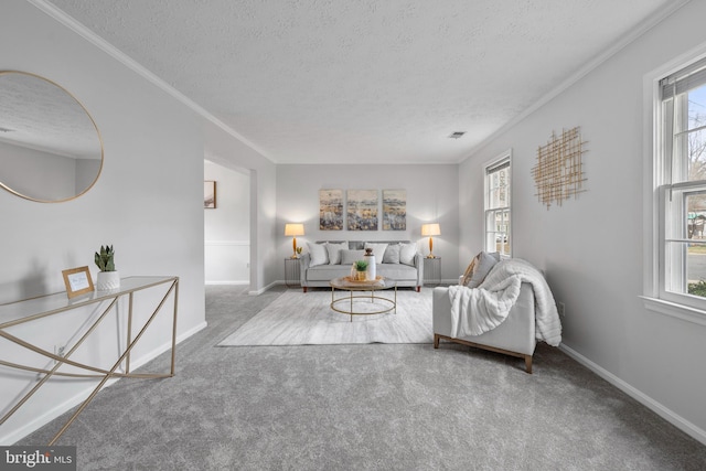 living room with crown molding, carpet flooring, baseboards, and a textured ceiling