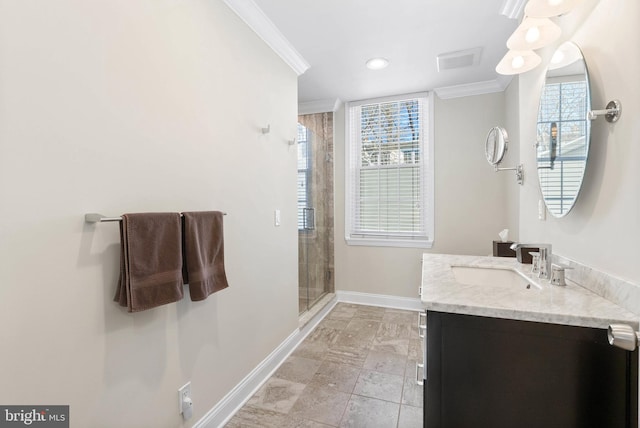 full bathroom featuring a stall shower, visible vents, baseboards, and ornamental molding