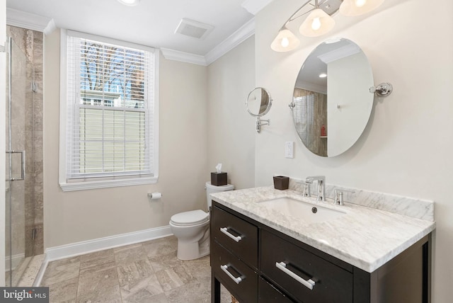 bathroom with visible vents, ornamental molding, a tile shower, baseboards, and vanity