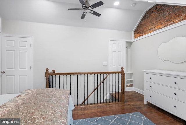 bedroom with vaulted ceiling, wood-type flooring, and ceiling fan