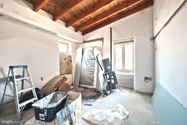 misc room featuring wood ceiling and vaulted ceiling with beams