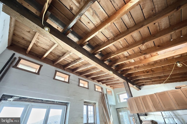 interior details featuring beam ceiling and wood ceiling