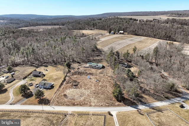 bird's eye view with a wooded view