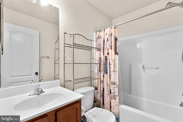 bathroom featuring vanity, toilet, and shower / bathtub combination with curtain