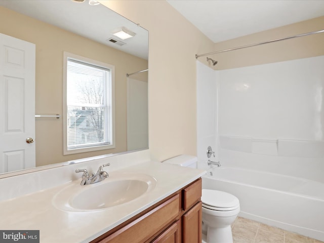 full bath with visible vents, toilet, shower / bath combination, tile patterned floors, and vanity